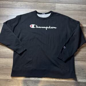 Champion Black Crewneck Sweatshirt Mens 2XL Big Logo Pullover Fleece Casual